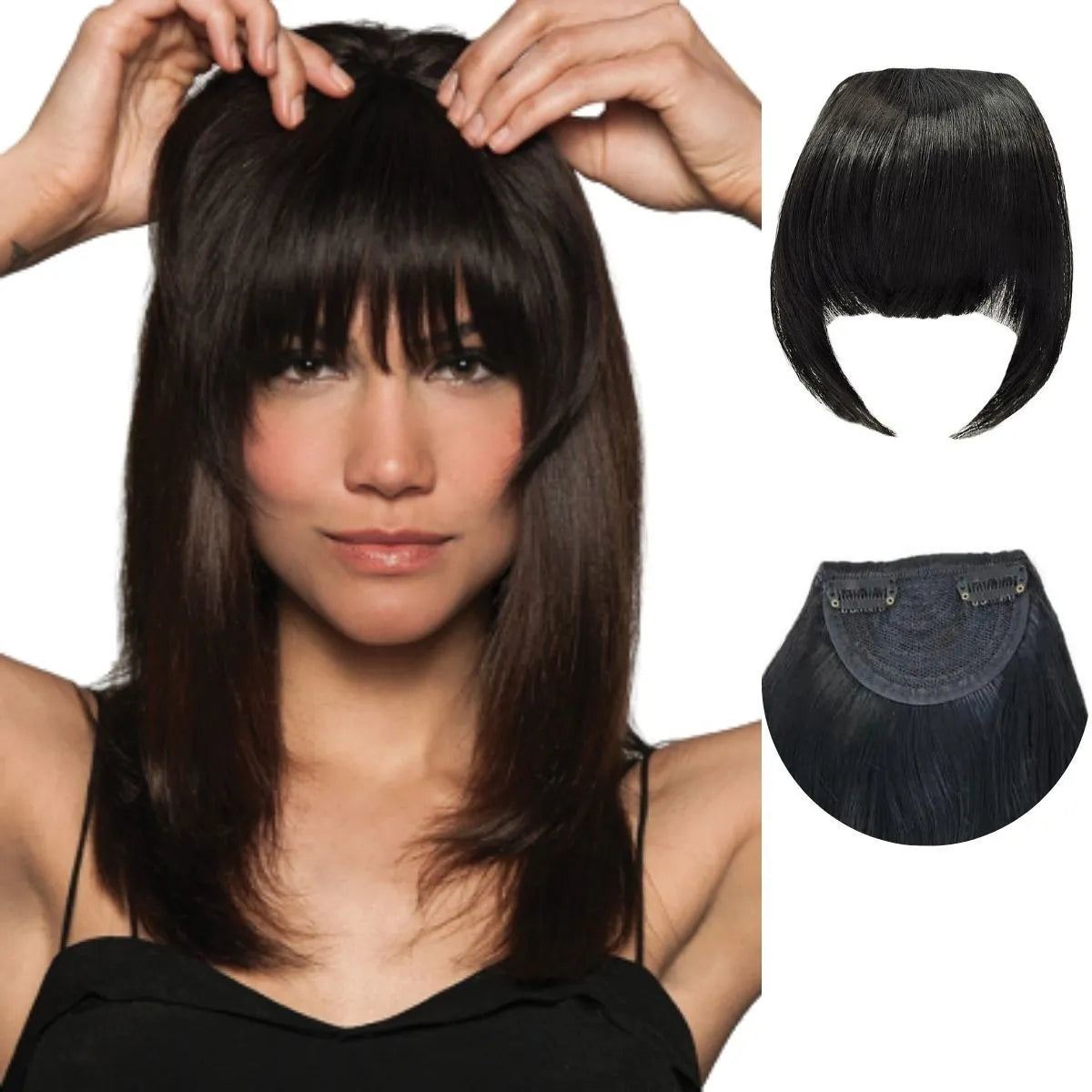 Frange Postiche En Cheveux Humains Naturels - Noir, Bouclée, à Clip, Taille Moyenne, Neuf Sans étiquettes