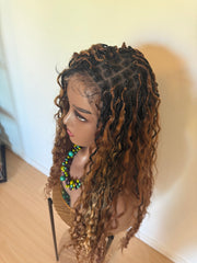 Thaly - Full lace boho Perruque tressée box braid avec l’effet boho en cheveux naturels Européens marrons